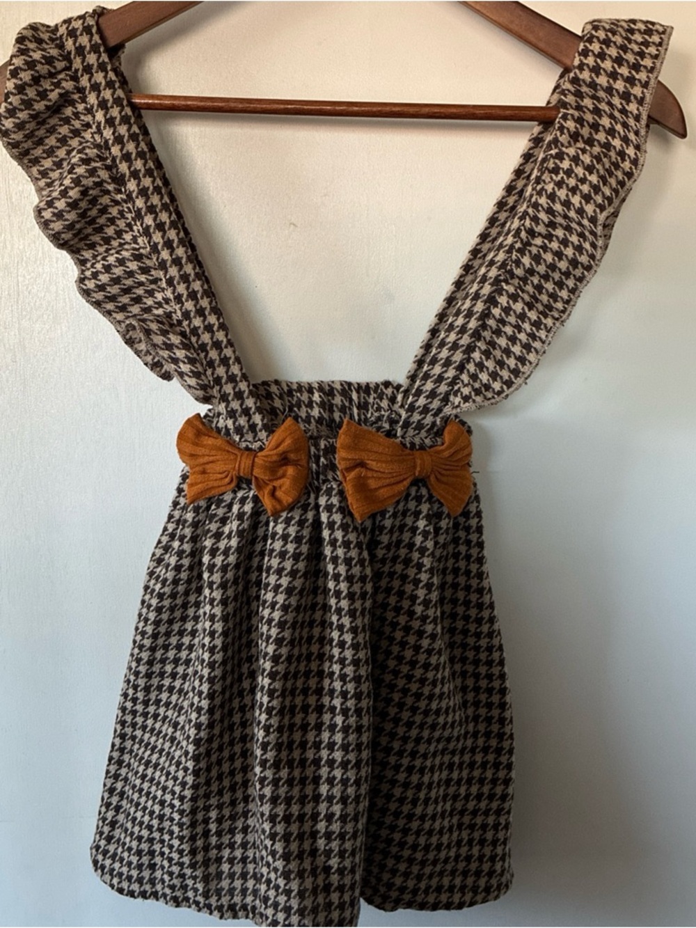 Shein-Girl's Brown Knit Plaid Overall Dress Stretchy Ruffled Bow Size 6Y